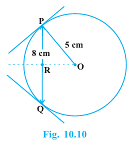 Chord PQ of length 8 centimetres in a circle of radius 5 centimetres, with tangents meeting at T.