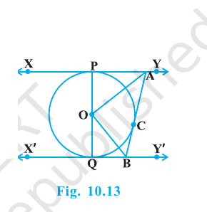 Parallel tangents XY and X-prime Y-prime and tangent AB touching a circle at C.