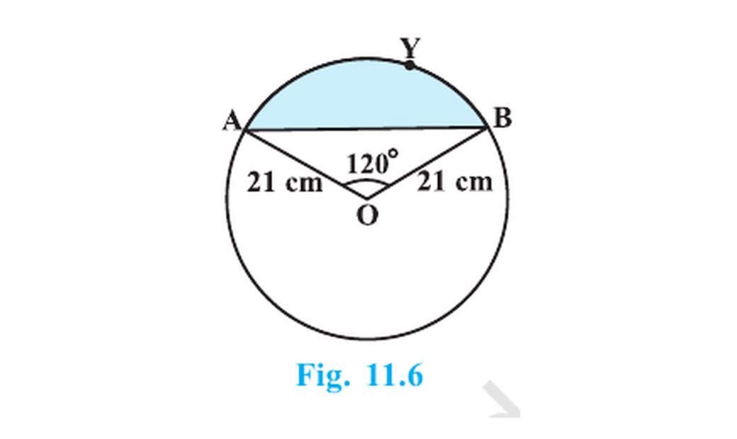 Circle of radius 21 centimetres with a 120 degree central angle and shaded segment AYB.