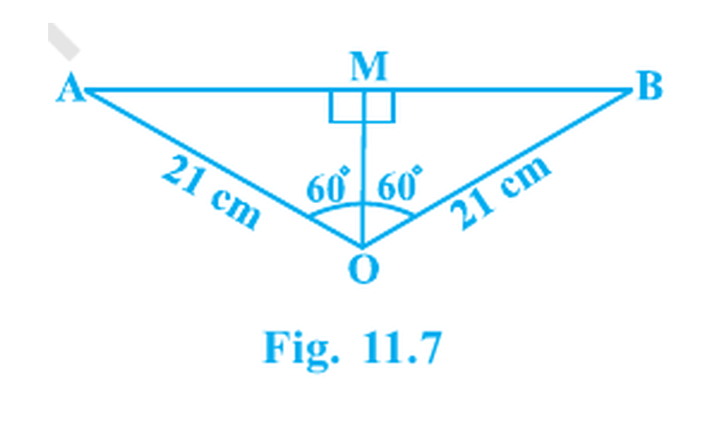 Triangle AOB split into two right triangles by perpendicular OM, with OA and OB each 21 centimetres.