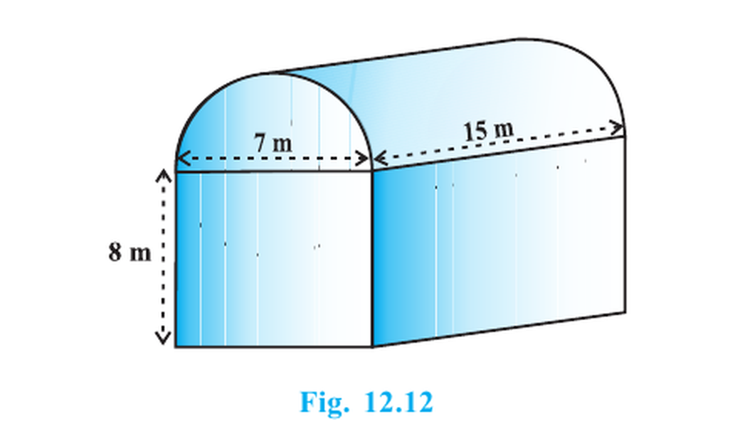 Industrial shed formed by a cuboid and half-cylinder roof, labelled 15 metres, 7 metres and 8 metres.