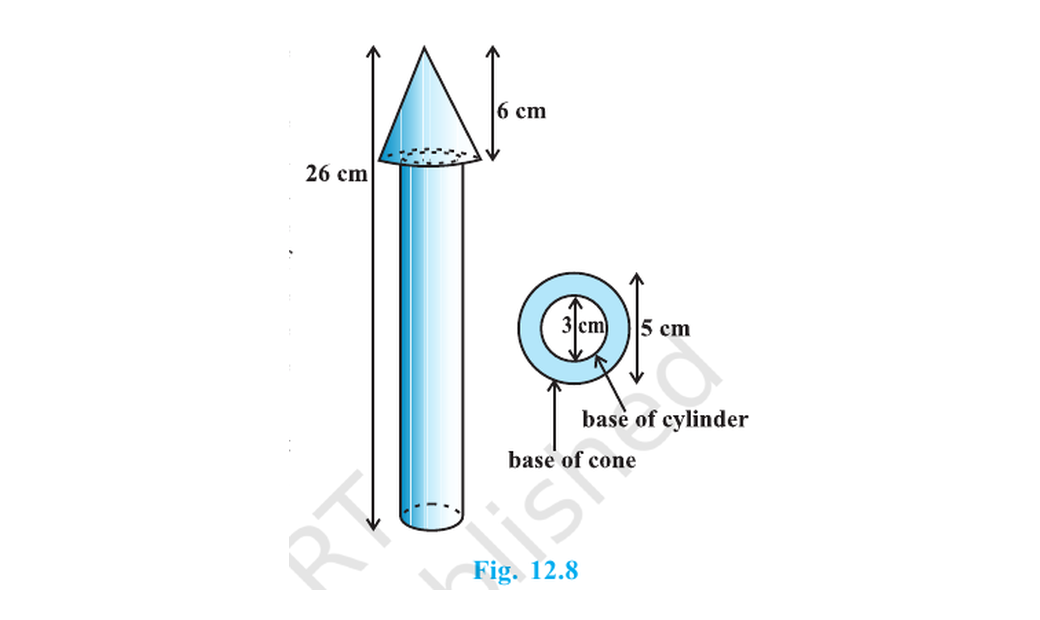 Toy rocket formed by a cone on a cylinder, with all heights and diameters labelled.