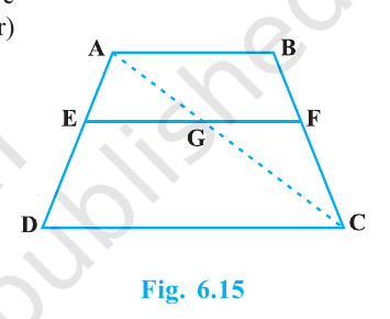 The same trapezium ABCD with diagonal AC meeting EF at G.