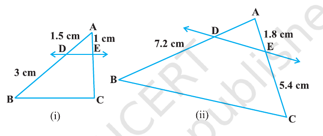 Two triangles for Exercise 6.2 Question 1, each with DE parallel to BC and the required lengths labelled.