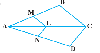 Points M and B on ray AB, N and D on ray AD, and A, L, C collinear, with LM parallel to CB and LN parallel to CD.