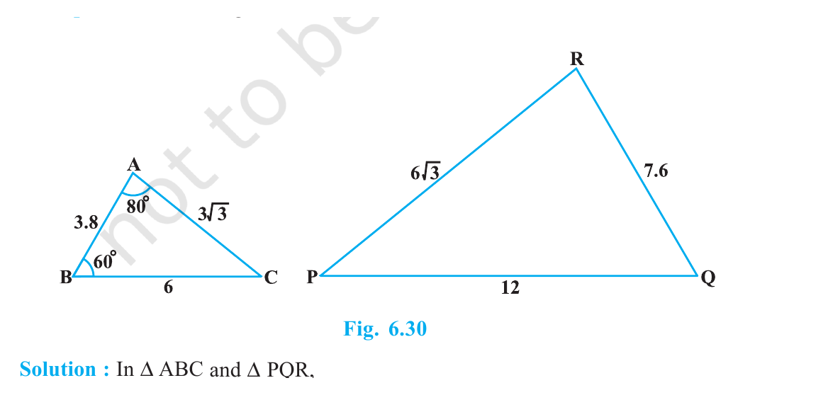Triangles ABC and PQR with side lengths and angles marked for an SSS similarity calculation.