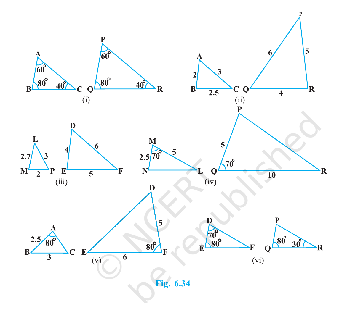 Six labelled pairs of triangles for identifying similarity by AAA, SSS or SAS.