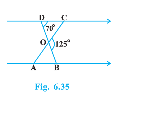 Parallel lines DC and AB cut by diagonals DB and AC at O, with angles 70 degrees and 125 degrees marked.
