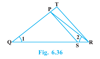Triangle TQR with P on TQ, S on QR, segment PR, and angles 1 and 2 marked.