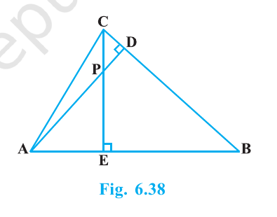 Triangle ABC with altitudes AD and CE intersecting at P, with right-angle marks at D and E.