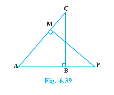 Right triangles ABC and AMP sharing angle A, with right angles at B and M.