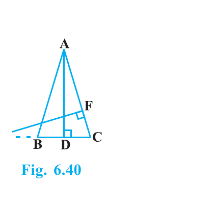 Isosceles triangle ABC with E on CB produced, AD perpendicular to BC, and EF perpendicular to AC.