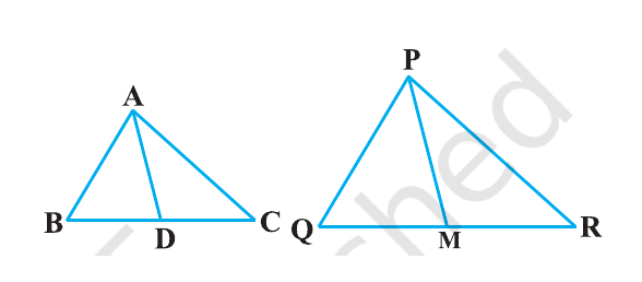 Triangles ABC and PQR with medians AD and PM respectively.