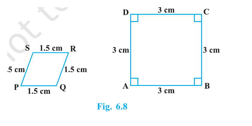 A slanted quadrilateral PQRS with every side 1.5 cm beside a square ABCD with every side 3 cm and right-angle marks.