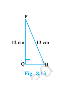 Right triangle PQR, right-angled at Q, with PQ 12 centimetres and PR 13 centimetres.