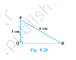 Right triangle PQR, right-angled at Q, with PQ 3 centimetres and PR 6 centimetres.