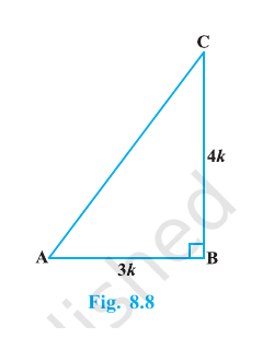 Right triangle ABC, right-angled at B, with AB equal to 3k and BC equal to 4k.
