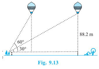 A balloon at height 88.2 metres viewed by a 1.2 metre tall girl at angles of 60 and 30 degrees.
