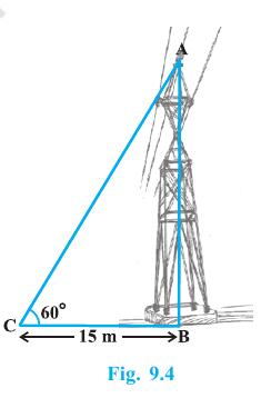 Tower AB, point C on the ground 15 metres from its foot B, and a 60 degree angle of elevation to A.